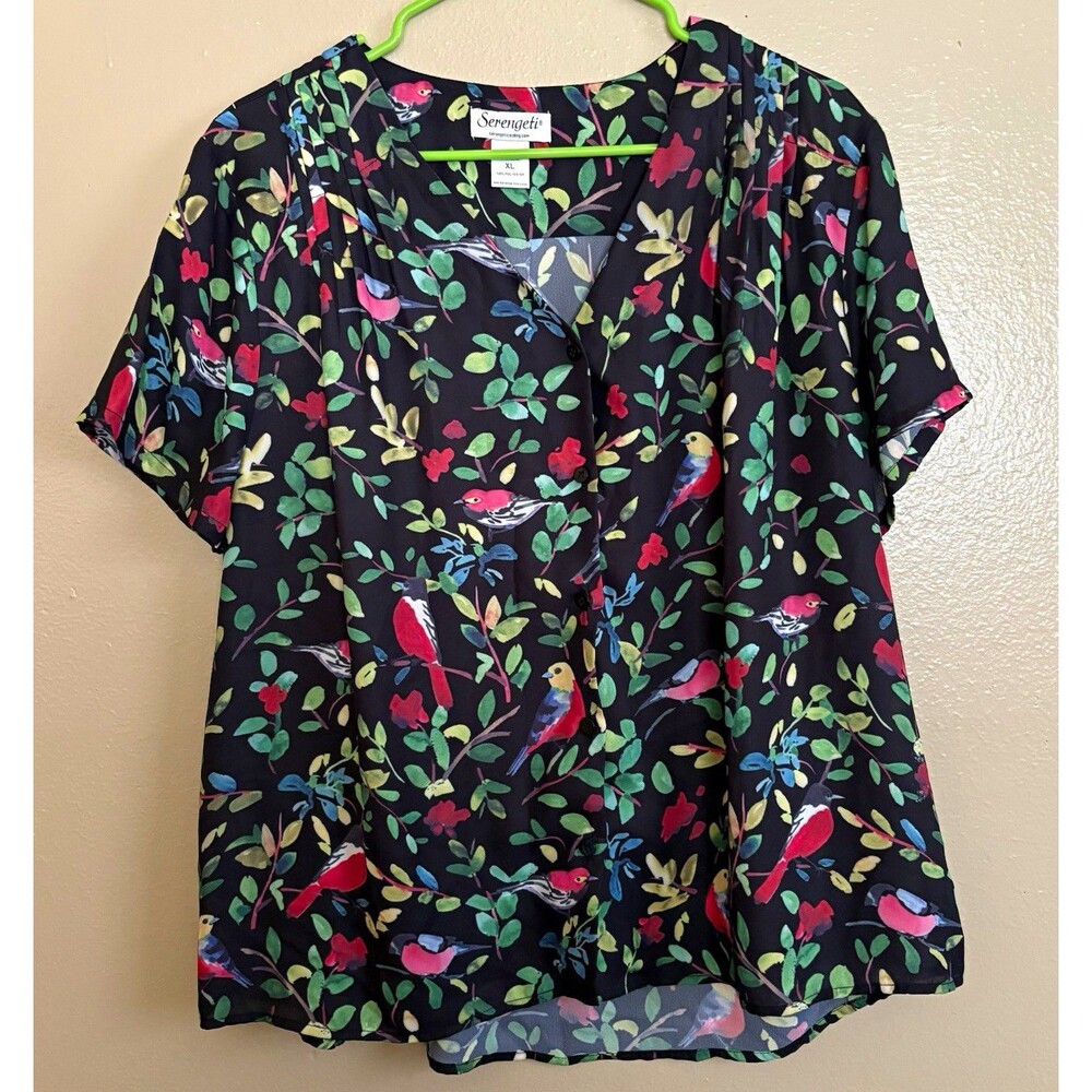 Serengeti Women's XL Black Multicolor Floral Bird V-Neck Button Blouse Top